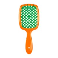 Продувная широкая расческа Janeke для укладки волос и сушки феном Superbrush Plus Hollow Comb оранжевая с зелеными зубчиками