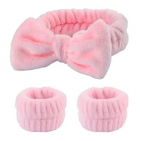 Набір для вмивання косметична пов'язка "Бантик" та напульсники мікрофібра рожевий