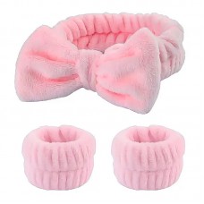 Набір для вмивання косметична пов'язка "Бантик" та напульсники мікрофібра рожевий