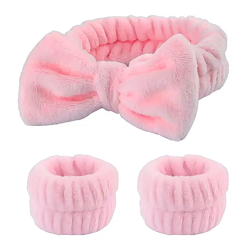 Набір для вмивання косметична пов'язка "Бантик" та напульсники мікрофібра рожевий