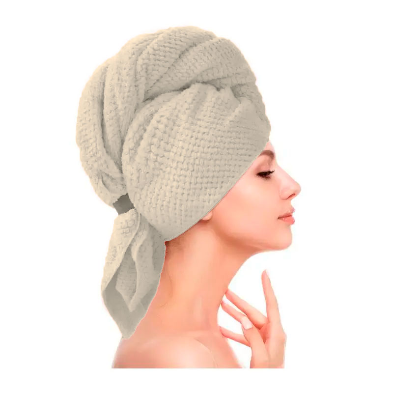 Рушник-тюрбан чалма для сушіння волосся з пухнастої мікрофібри Premium D-5 з еластичною стрічкою бежевий