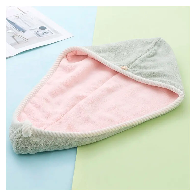 Рушник-тюрбан для сушіння волосся двосторонній флісовий з мікрофібри D4 62x25 см зелено-рожевий