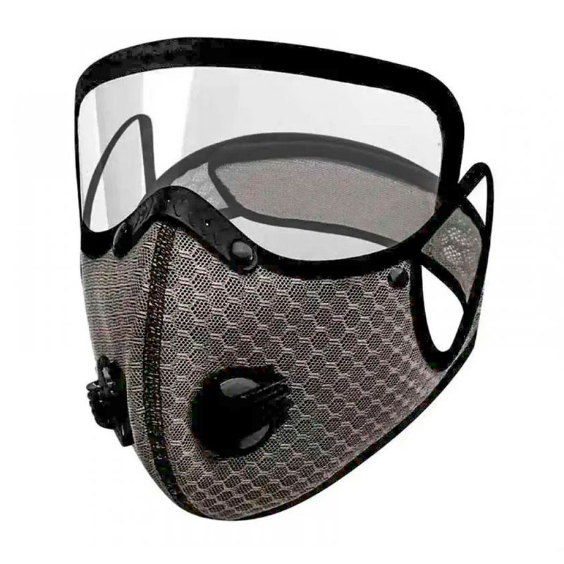 Маска-респиратор пятислойная со сменным угольным фильтром и двумя клапанами и защитой для глаз серая