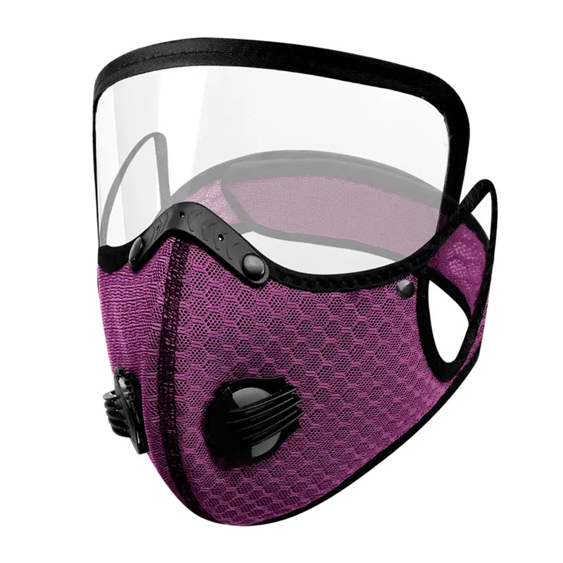 Маска-респиратор пятислойная со сменным угольным фильтром и двумя клапанами и защитой для глаз фиолетовая