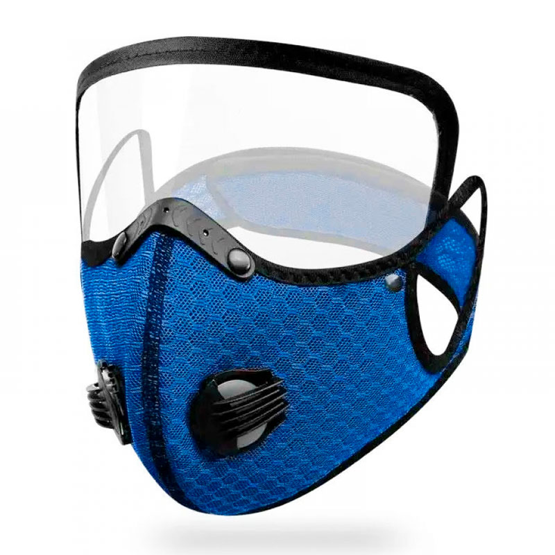Маска-респиратор пятислойная со сменным угольным фильтром и двумя клапанами и защитой для глаз синяя