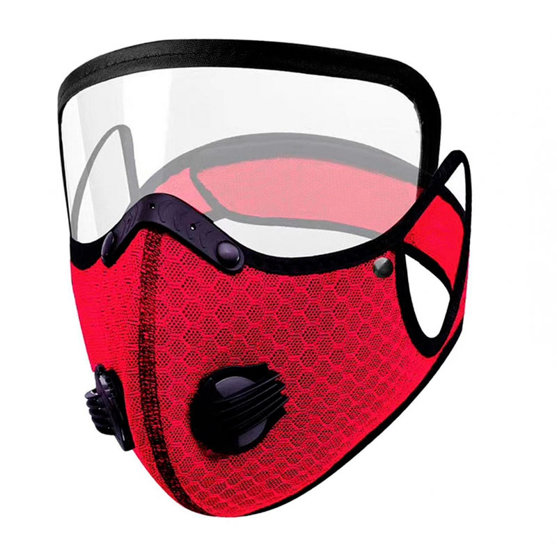 Маска-респиратор пятислойная со сменным угольным фильтром и двумя клапанами и защитой для глаз красная