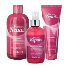 Набір Inebrya Shecare Repair, що відновлює для пошкодженого волосся (шампунь+спрей+маска) 300+200+250 мл